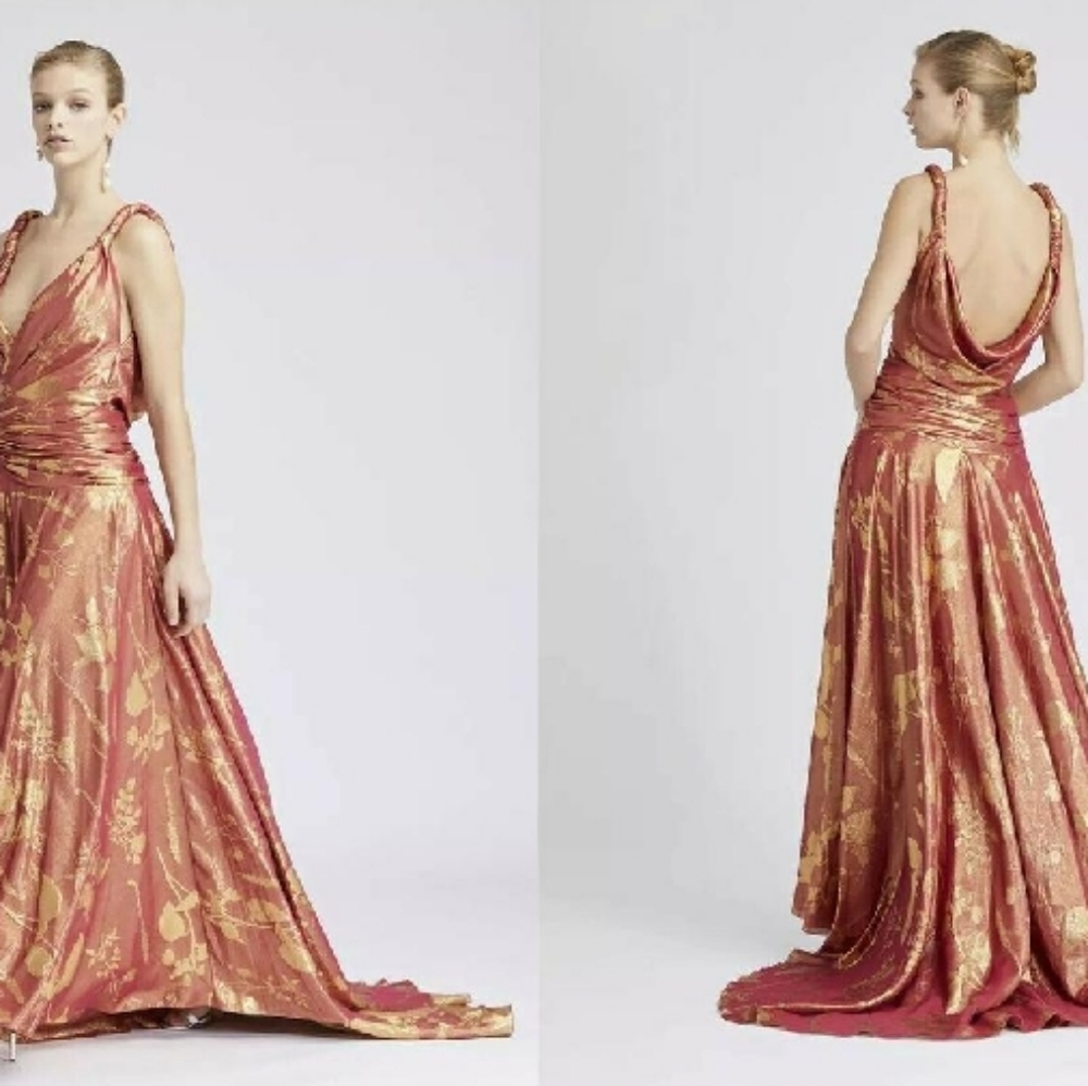 *$8,000 NWT OSCAR DE LA RENTA RED ORANGE GOLD SILK RUNWAY GOWN US 0 XS - Picture 6 of 11